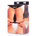 Product packaging for the bunny tail glass anal plug featuring a fluffy white tail and sleek black plug design.
