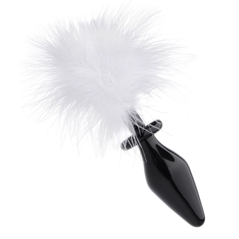 White Fluffer Bunny Tail Glass Anal Plug with fluffy feather cap and sleek black body.