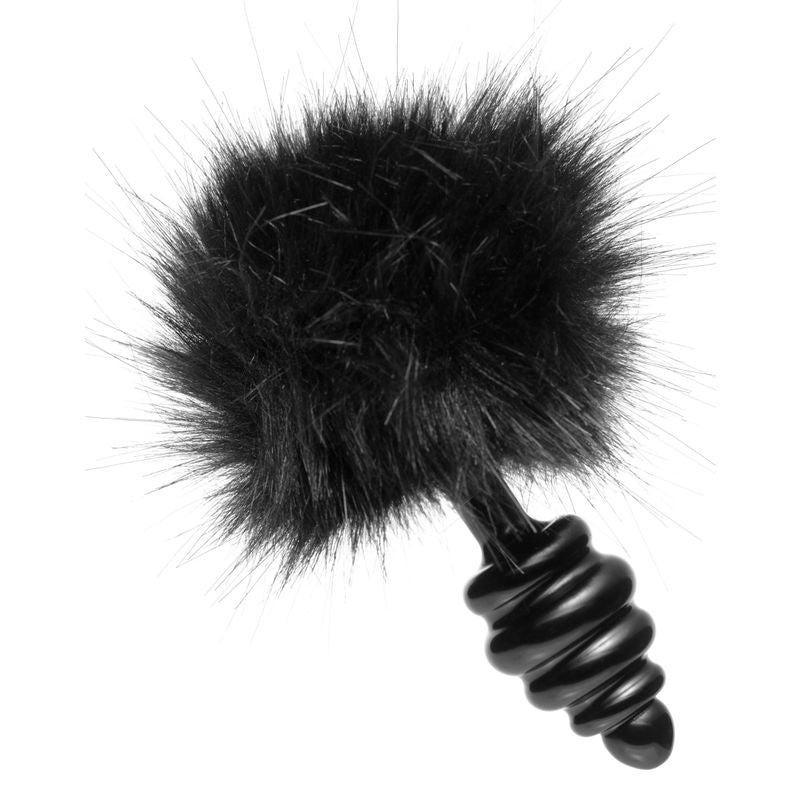 Black bunny tail anal plug with a fuzzy black tail and tapered tip for enhanced comfort and stimulation.