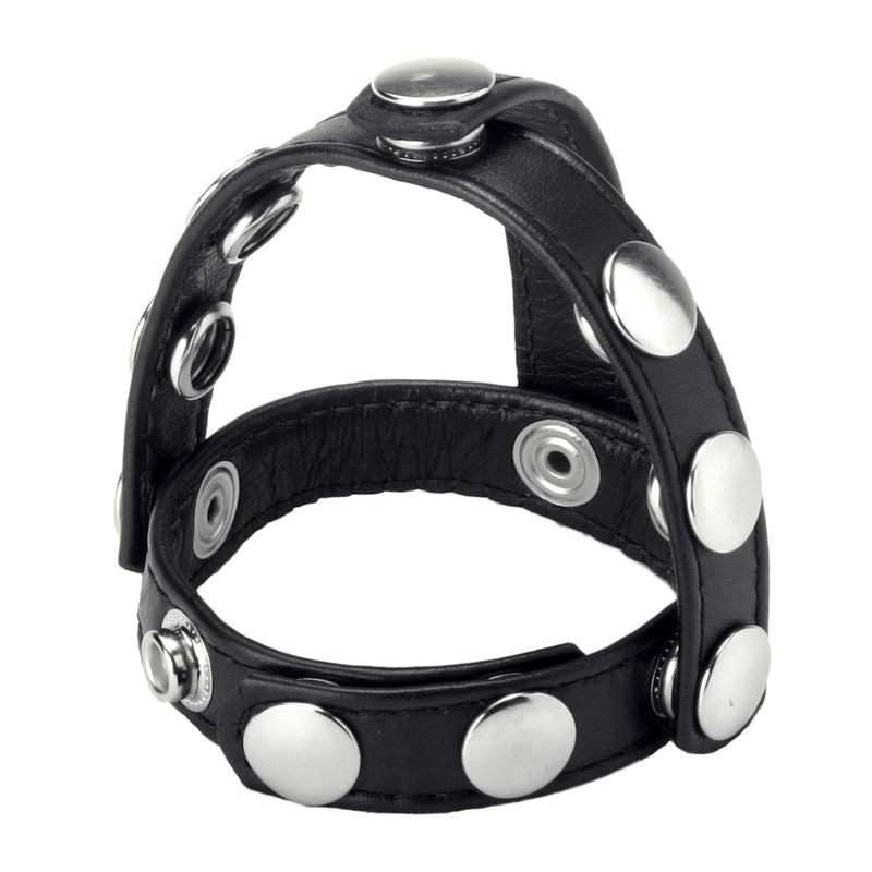 Snap-On Cock And Ball Harness designed for enhanced pleasure with adjustable straps and stylish silver studs.