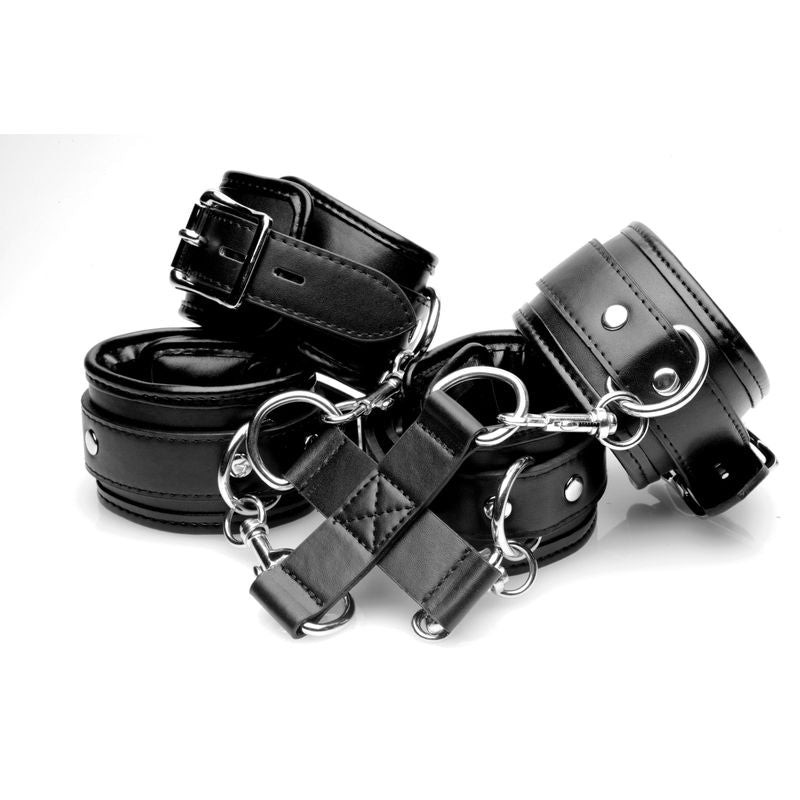 Hogtie restraint system featuring black padded cuffs and locking buckles for secure bondage.