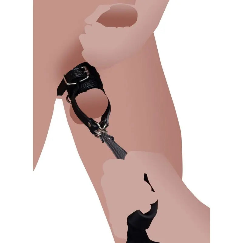 Strict Ball Stretcher With Leash featuring a black leather strap for intimate play.
