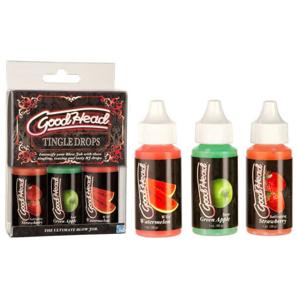 Goodhead oral sex tingle drops set featuring Watermelon, Green Apple, and Strawberry flavors in a packaged set.