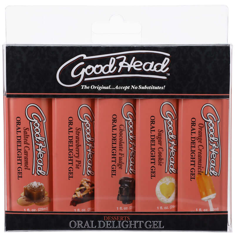 GoodHead Oral Delight Gel set with 5 flavours for an edible oral sex gels set experience. Includes Strawberry Pie, Orange Creamsicle.