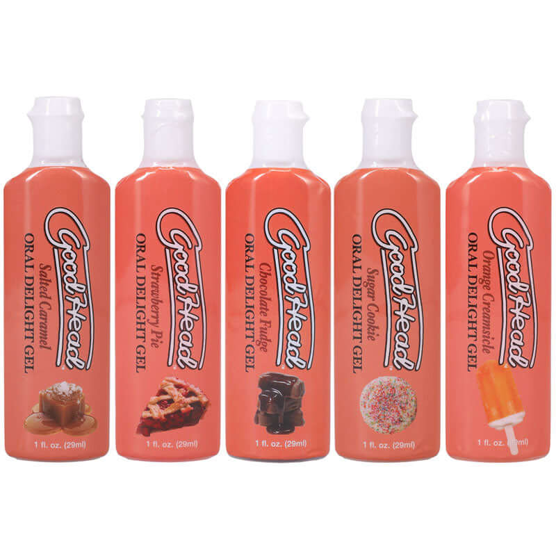 GoodHead Oral Delight Gel set of 5 flavored bottles for edible oral sex gels set, showcasing Orange Creamsicle, Strawberry Pie.