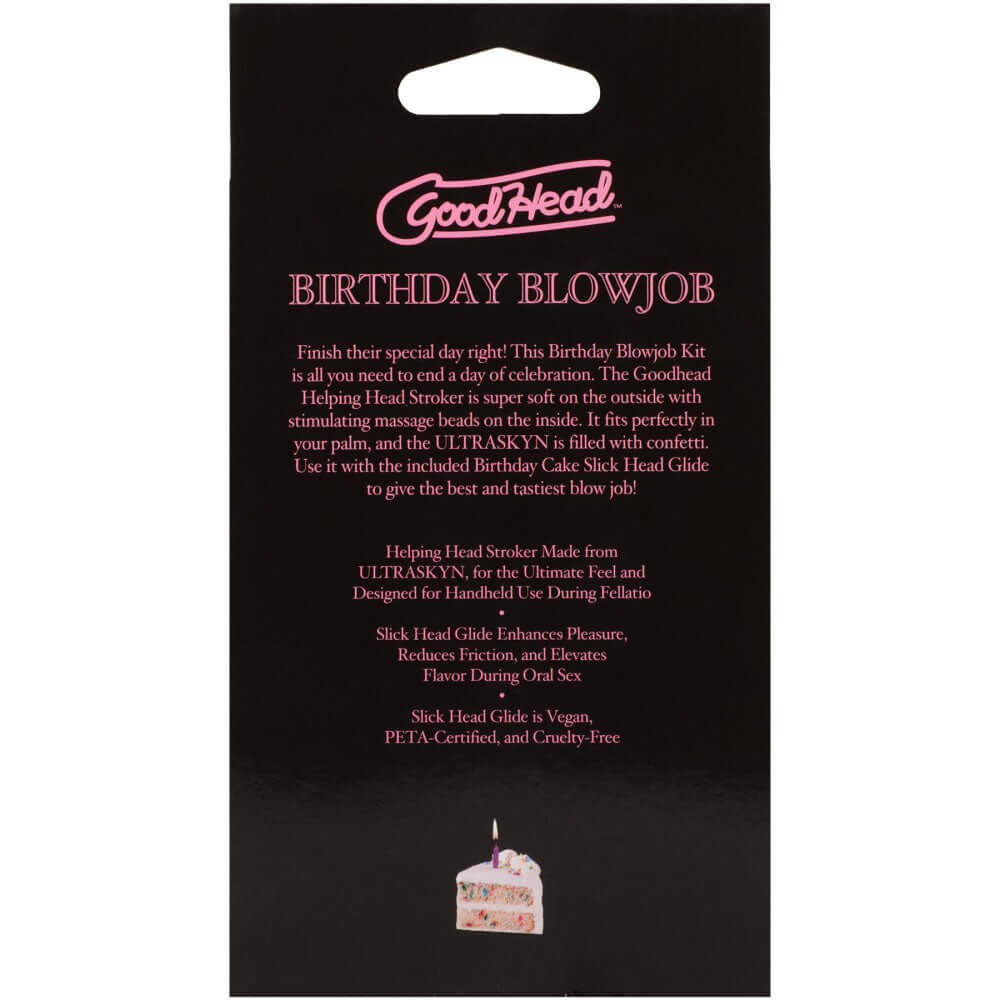 GoodHead Birthday Blowjob Kit packaging featuring Birthday Cake Glide and Helping Head Stroker for ultimate pleasure.