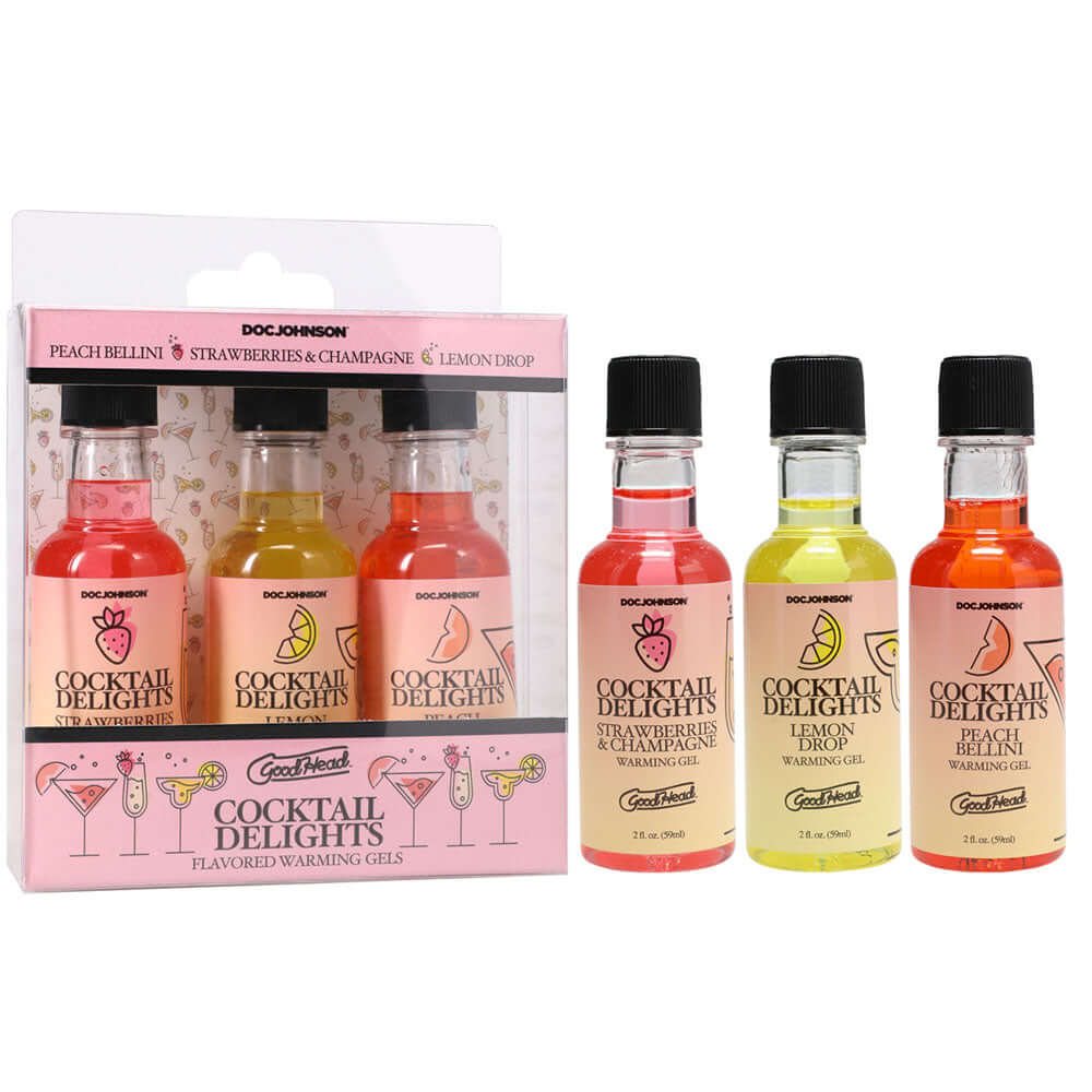 GoodHead Cocktail Delights - Flavored warming oral sex gels in 59 ml bottles, set of 3 with Peach Bellini, Strawberries & Champagne, Lemon Drop.