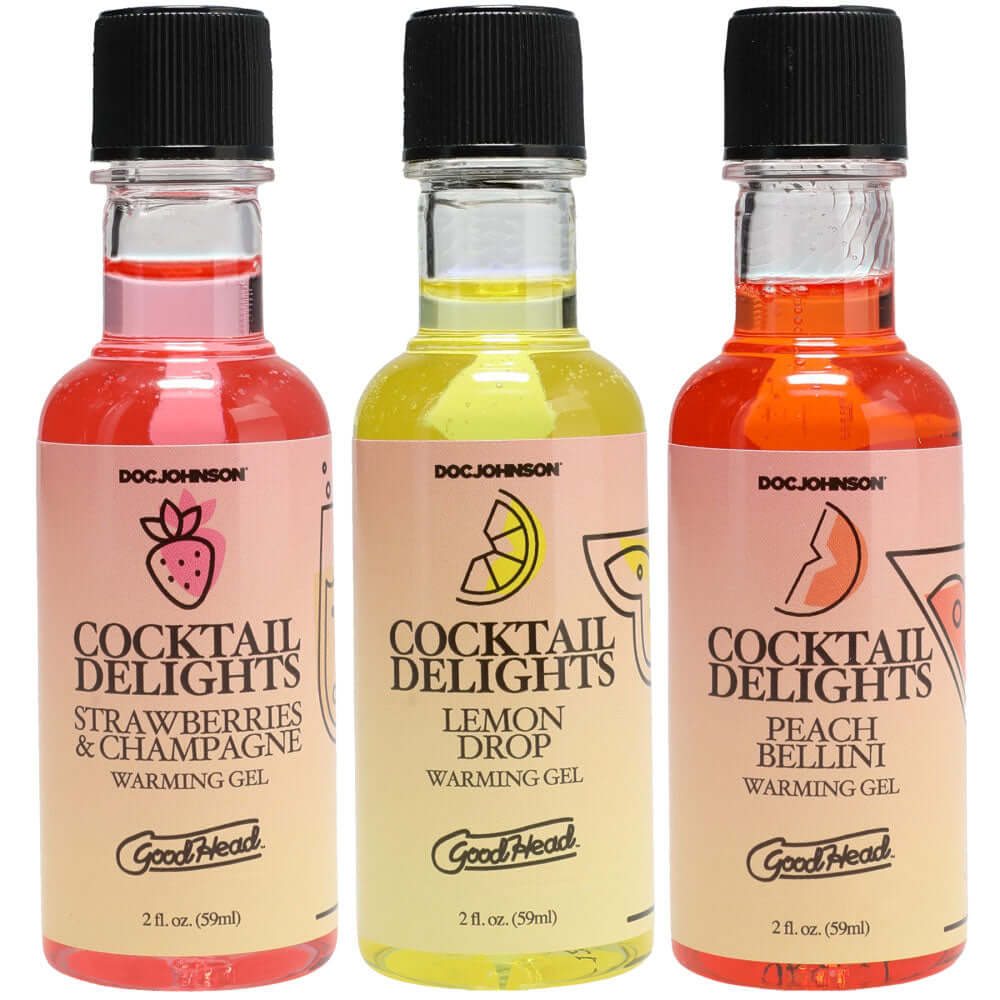 GoodHead Cocktail Delights flavored warming oral sex gels in three 59 ml bottles: Peach Bellini, Lemon Drop, Strawberries & Champagne.