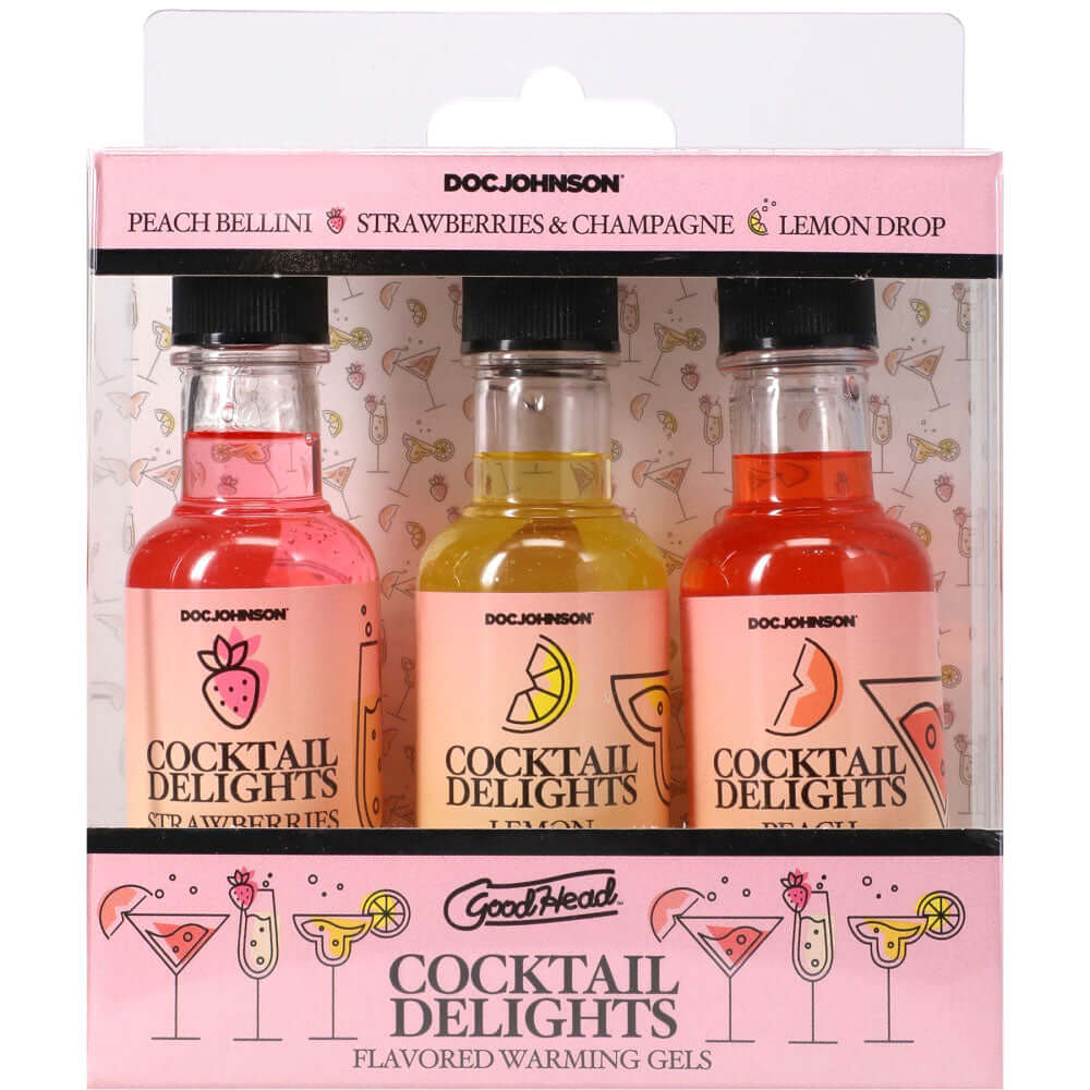 GoodHead Cocktail Delights set of 3 flavored warming oral sex gels in Peach Bellini, Strawberries & Champagne, and Lemon Drop.