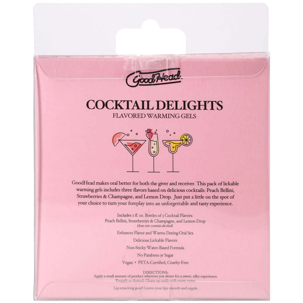 GoodHead Cocktail Delights flavored warming oral sex gels in a pink package, featuring three cocktail flavors.