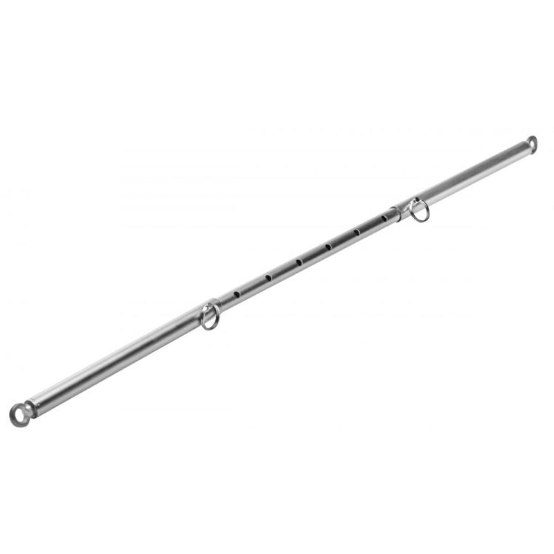 Adjustable Steel Spreader Bar Silver with eyebolts for bondage play, adjusts from 23 to 35 inches, durable steel design.