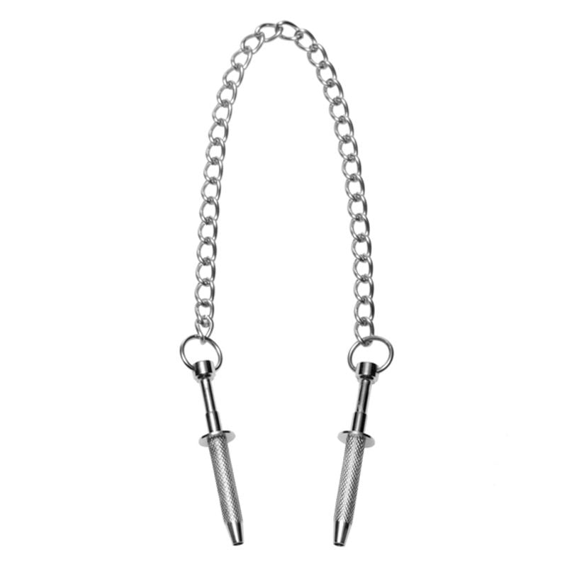 Extreme Sensation Claw Clamps featuring steel clamps linked by a chain, designed for intense skin stimulation.