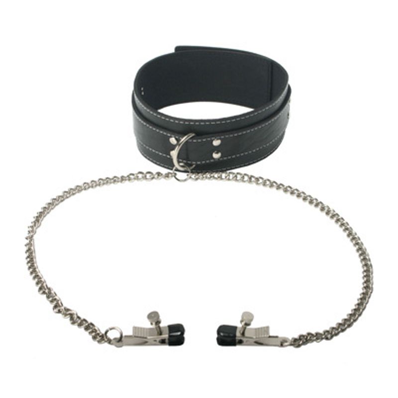 leather collar clamp set featuring a quality leather collar and adjustable nipple clamps attached with chains