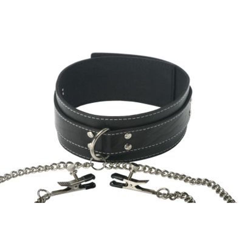 Leather collar clamp set featuring a buckle closure and adjustable clamps with chains for bondage and play.