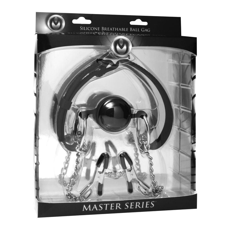 breathable silicone ball gag with nipple clamps in packaging by Master Series