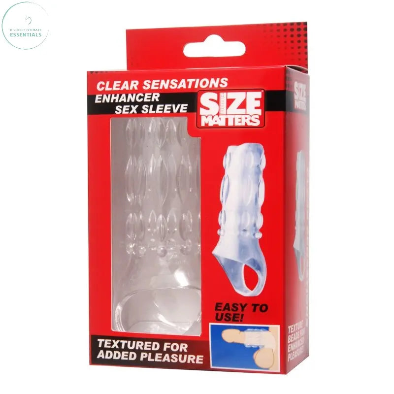 Clear Sensations Enhancer Sex Sleeve packaging showcasing a textured cock sheath for enhanced pleasure.