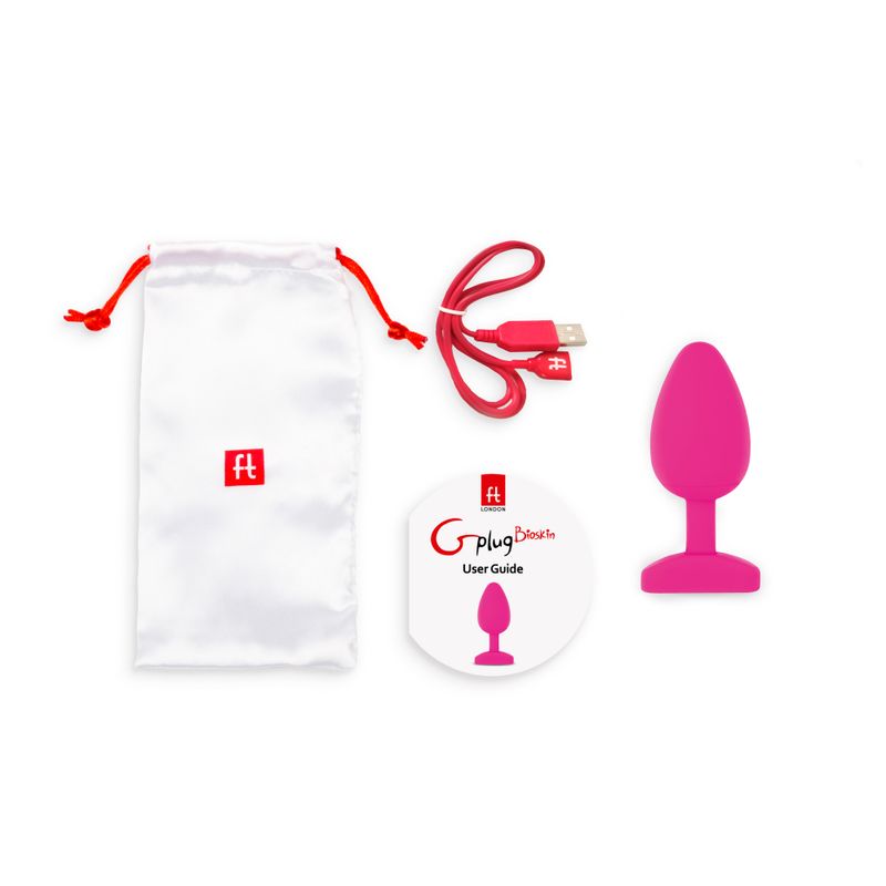 Gplug Large Bioskin Sweet Raspberry bioskin sex toy raspberry including USB charger, user guide, and storage pouch.