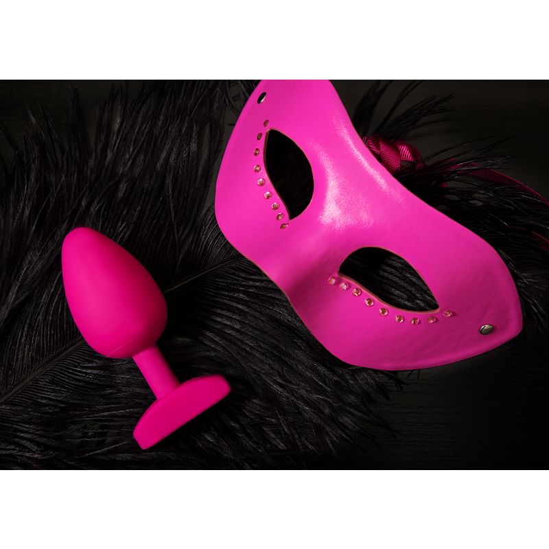 Pink masquerade mask and silicone butt plug on black feathers, perfect for playful adventures.