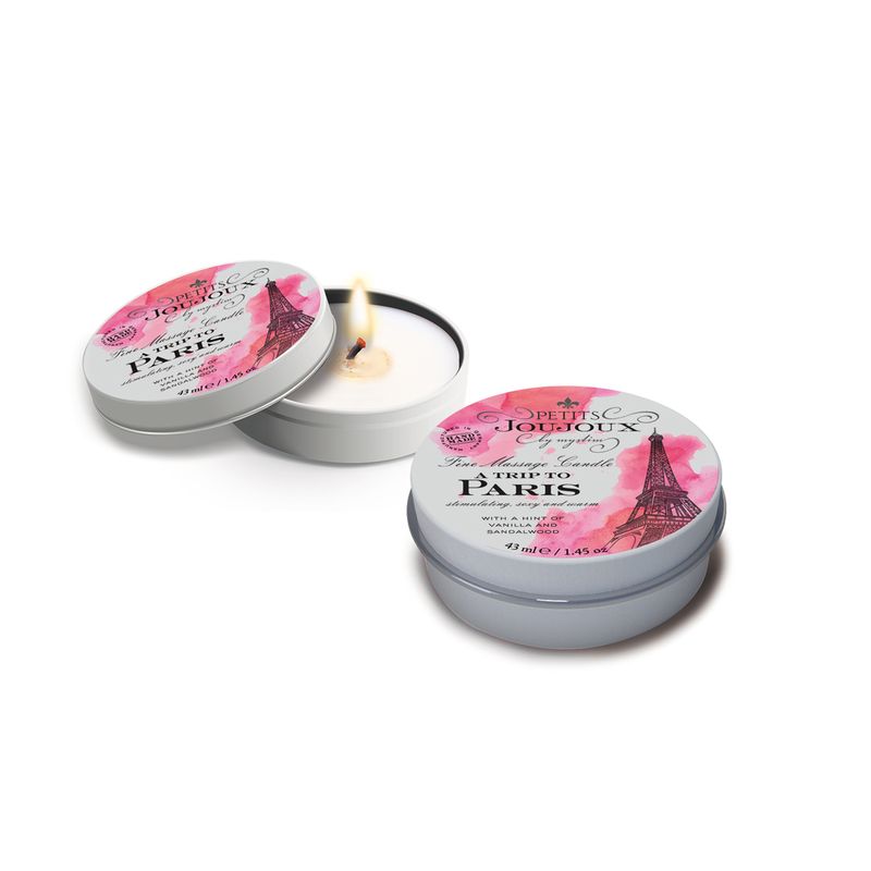 Petits JouJoux massage candle in a tin with a warm glow and Paris-themed design, 43ml.