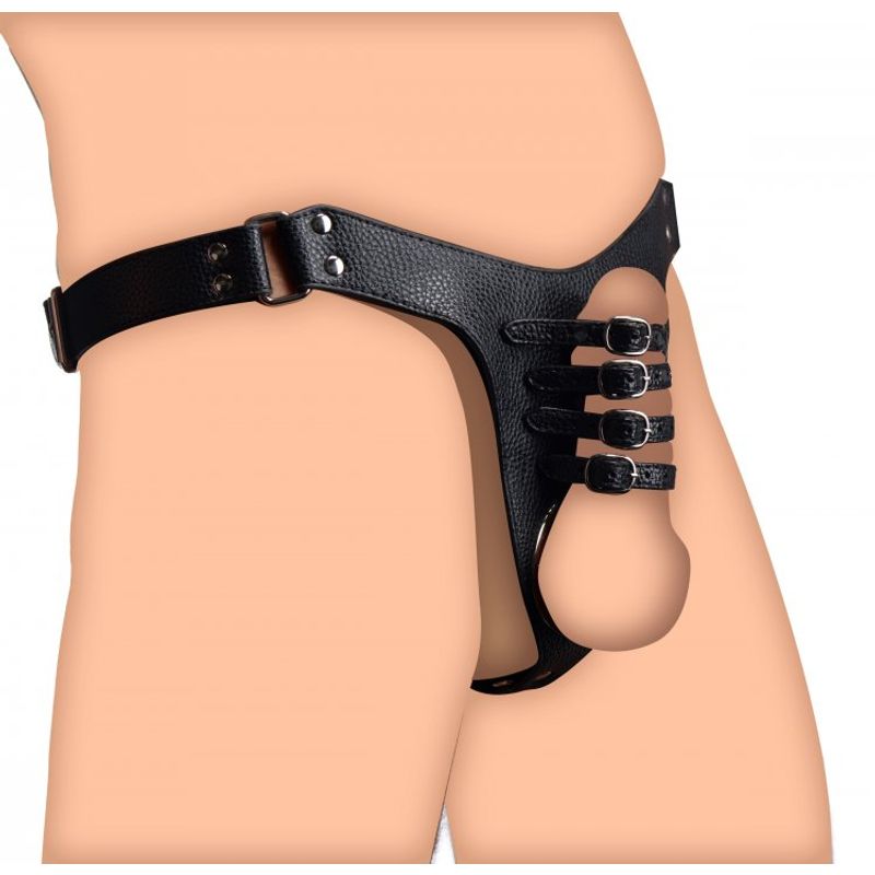 Male Chastity Harness displayed on a figure, showcasing the adjustable straps and unique design for controlling pleasure.