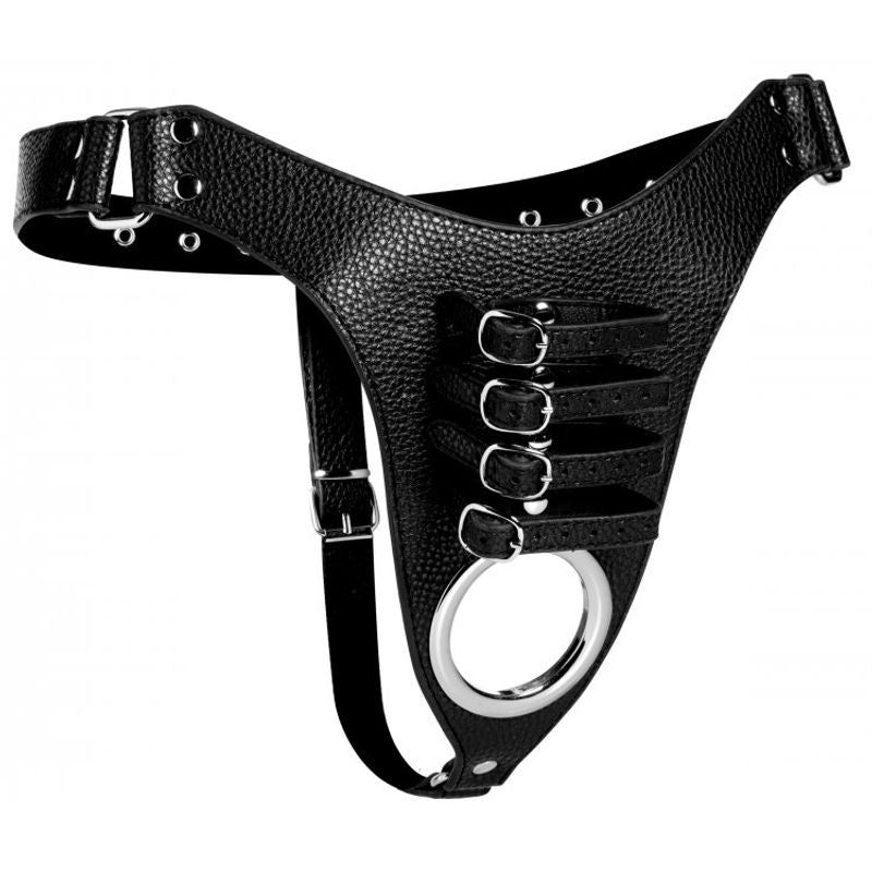 Male Chastity Harness featuring a unique design with adjustable straps and metal ring for intimate essentials.