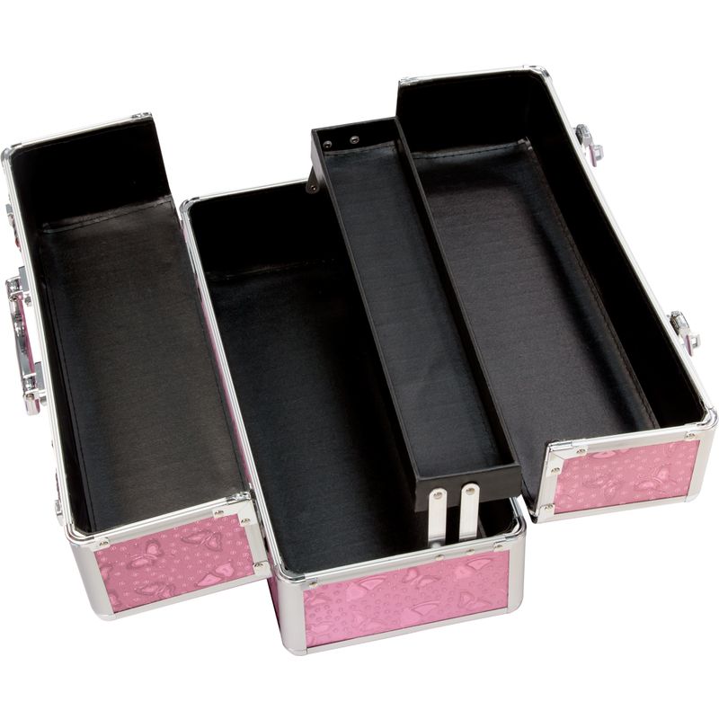 Lockable vibrator case in pink with multiple compartments and a keyless locking system for secure storage.