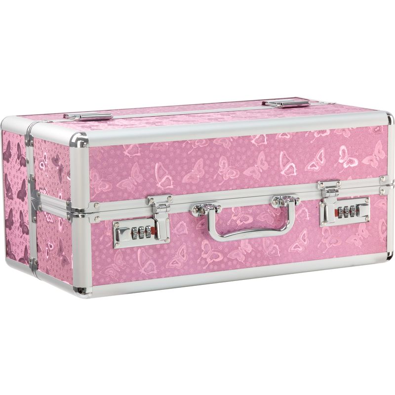Lockable vibrator case in pink with butterfly design, perfect for securely storing sex toys.