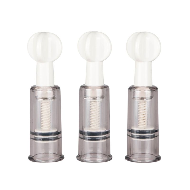 Nipple and clit suckers set comprising three vacuum pumps designed for enhanced nipple stimulation.