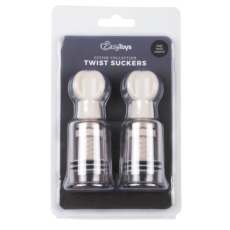 Nipple and clit suckers set featuring two twist suckers in retail packaging for enhanced stimulation.