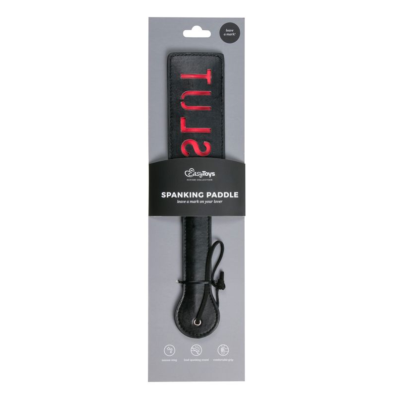 Paddle Slut Black punishment paddle for couples with a comfortable grip for playful spanking sessions.