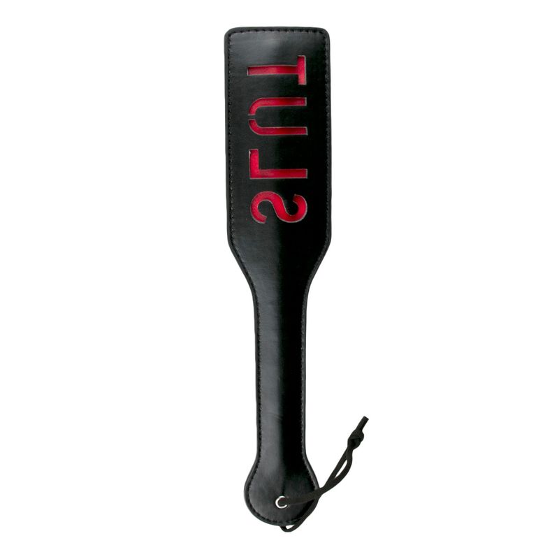 Beautiful black punishment paddle for couples with red inscription, perfect for playful spanking sessions.