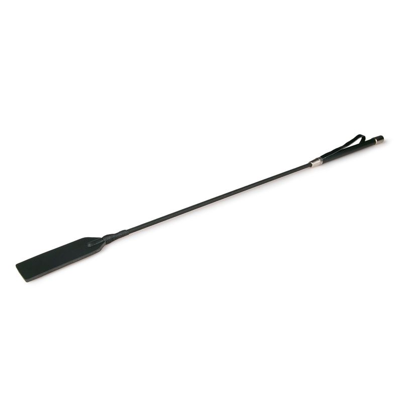 black leather crop whip on a white background, perfect for SM play and stylish in design.