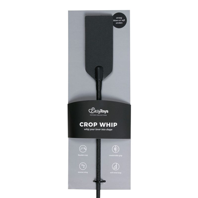black leather crop whip in packaging, featuring a sleek design and easy grip for SM play.