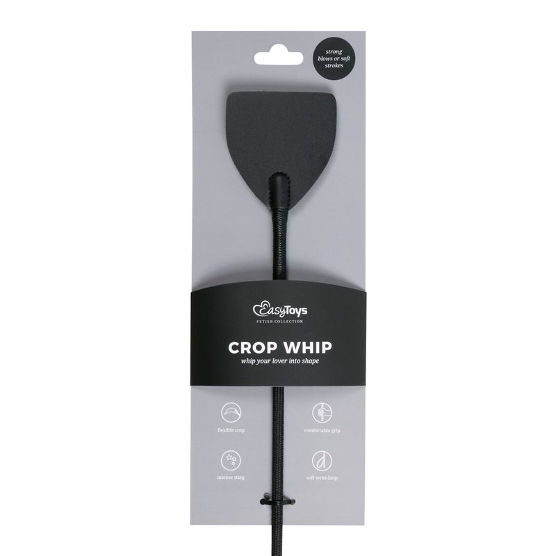 PU leather SM crop whip in black packaging, ideal for SM play and enhancing intimacy with style.