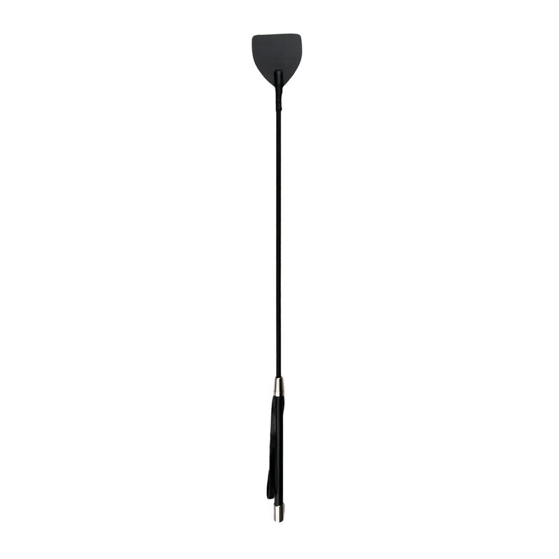 PU leather SM crop whip with a long handle and elegant metal caps for BDSM play.