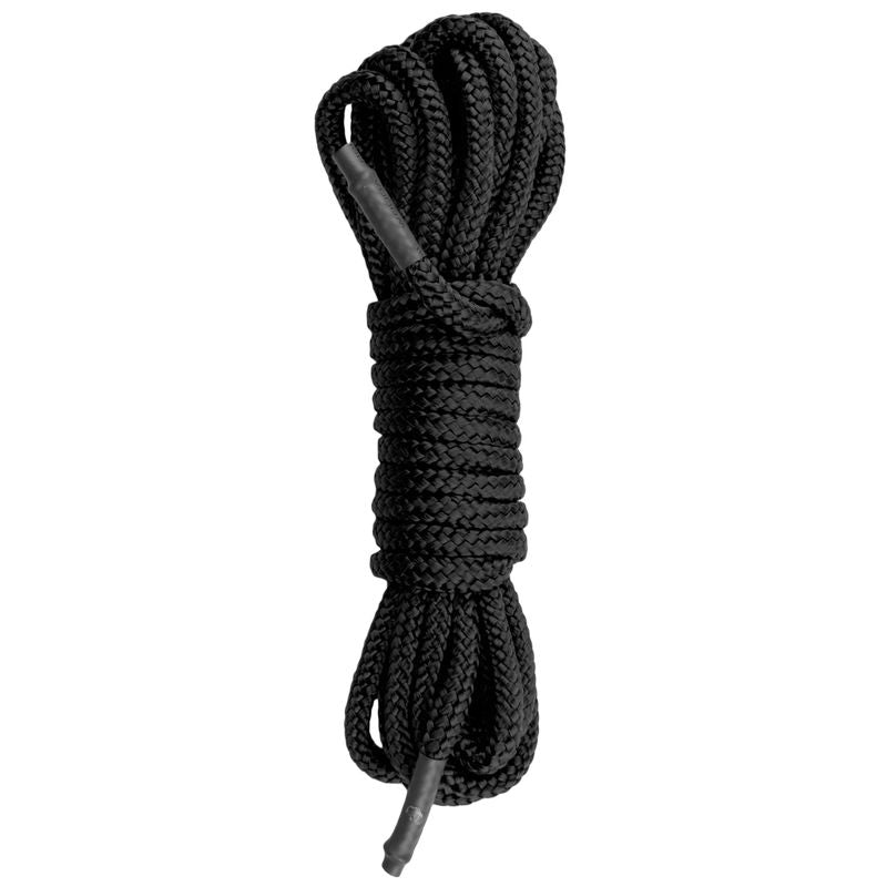 Black bondage rope 10m neatly coiled, perfect for Shibari and Kinbaku, durable and soft nylon material.