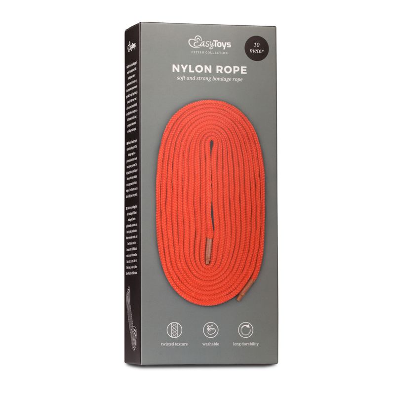 Red bondage rope for Shibari displayed in packaging, ideal for versatile bondage play and safe usage.