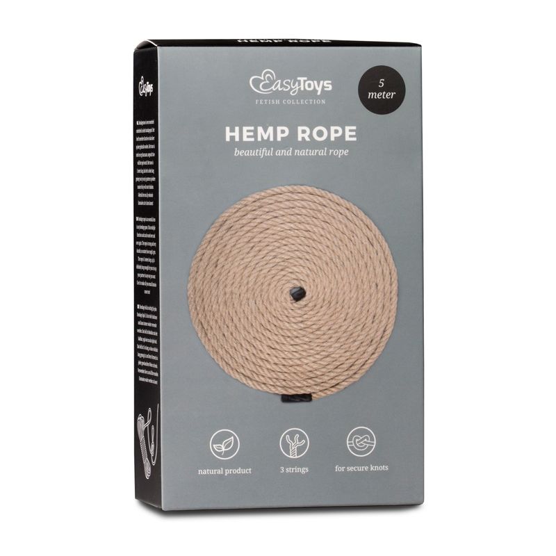 EasyToys 5 meter hemp bondage rope packaged, showcasing its natural and strong qualities for secure knotting.