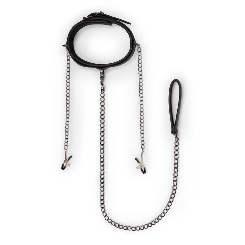 Collar with nipple clamps featuring faux leather and adjustable metal chains for an exciting SM play experience.