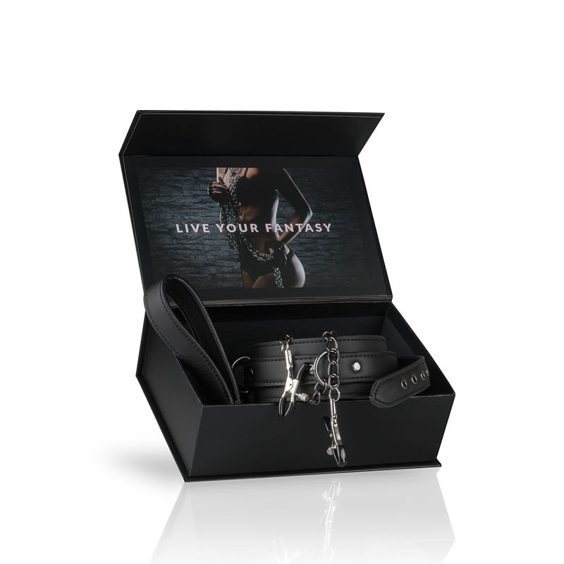 Collar With Nipple Chains in a black box showing intimate essentials for her to live your fantasy.