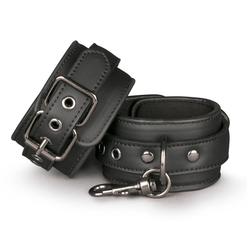 Adjustable black handcuffs featuring metal chain and clip fasteners for versatile bondage use.