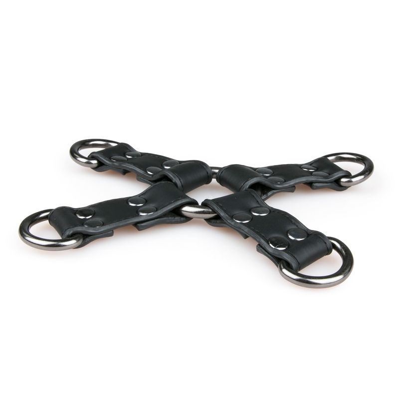 faux leather hogtie designed for thrilling bondage games and versatility with cuffs and chains.