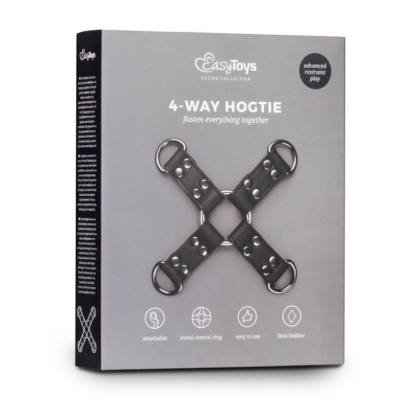 4-way hogtie packaging featuring faux leather design for advanced bondage play.