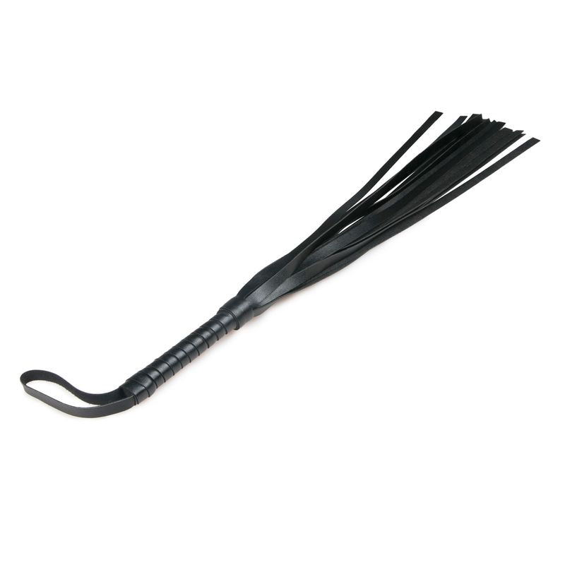 Leather flogger whip with a sleek handle and multiple strands for BDSM play.