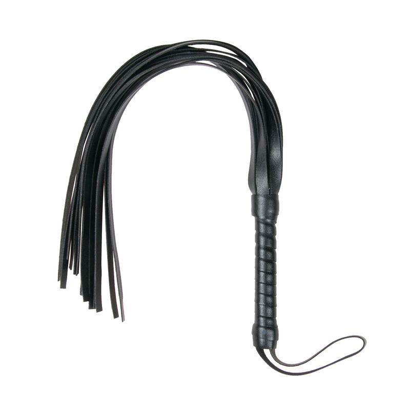 Leather flogger whip with a stylish handle and long leather tails for thrilling SM play.