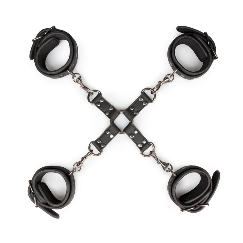 Hogtie With Hand and Ankle Cuffs made of sturdy faux leather and metal, ideal for bondage play.