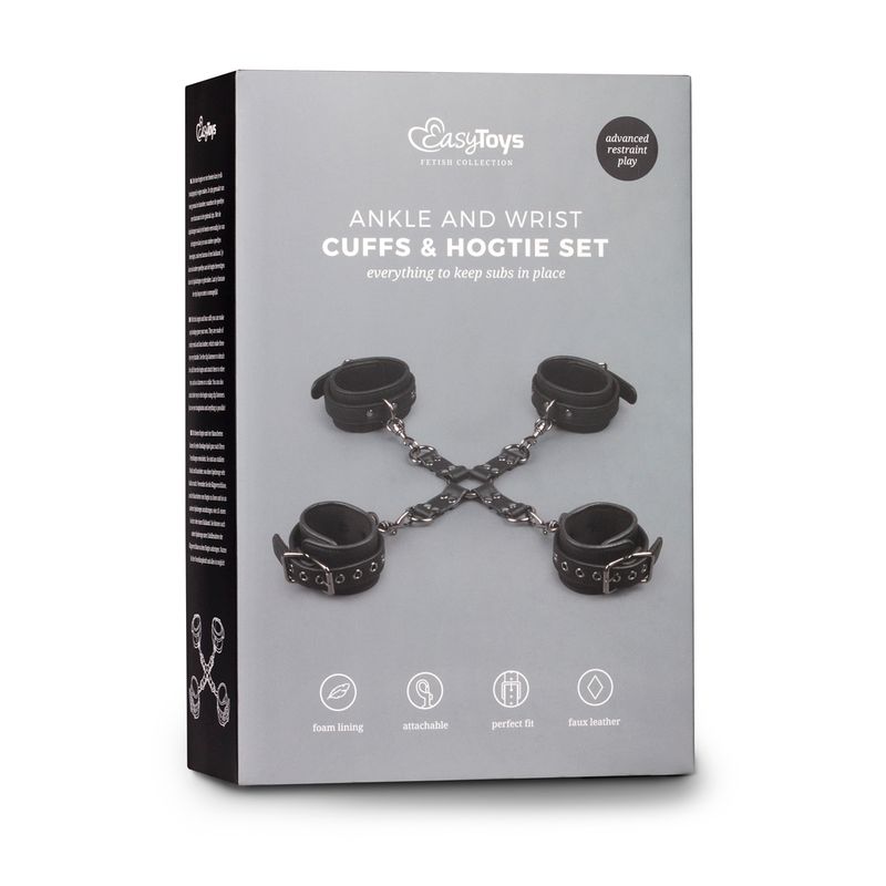 Hogtie With Hand and Ankle Cuffs - Ankle and Wrist Cuffs & Hogtie Set for bondage play, includes durable faux leather cuffs.