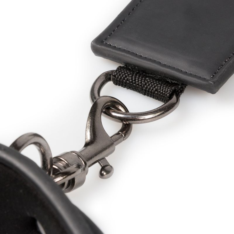 Close-up of the clip fastener on bondage neck and wrist restraints, showcasing durability and design.