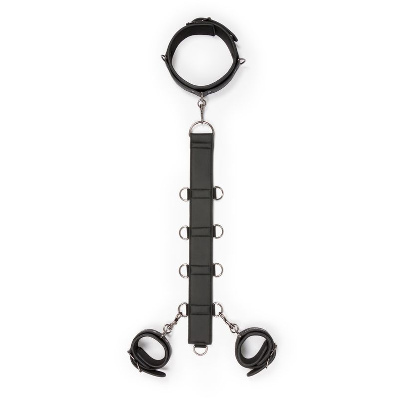 Bondage neck and wrist restraints featuring adjustable collar, handcuffs, and sturdy faux leather strap.