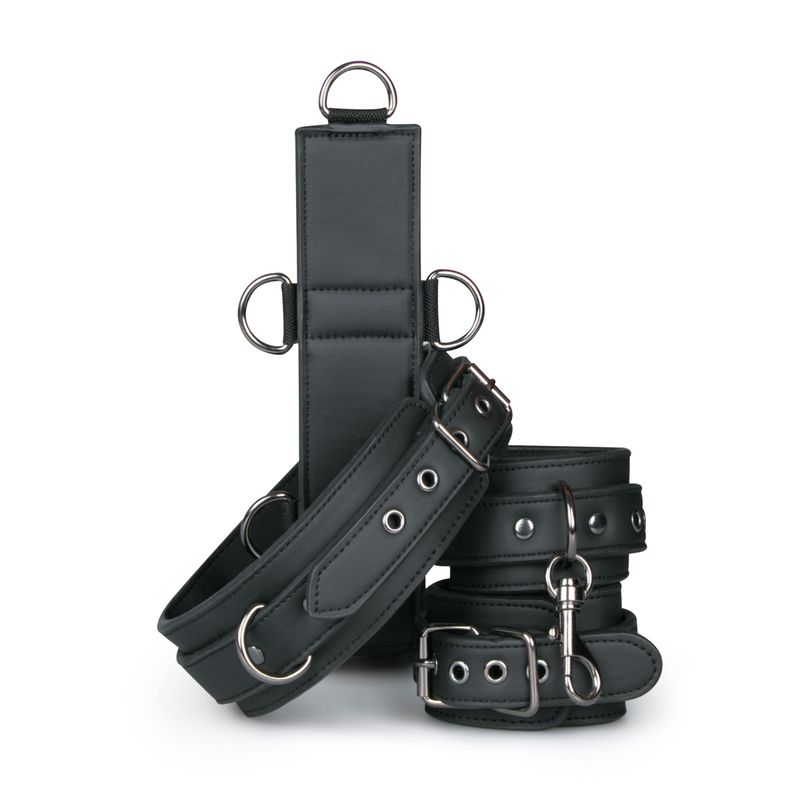 Neck and Wrist Restraint bondage set with adjustable cuffs, collar and strap made of sturdy faux leather.